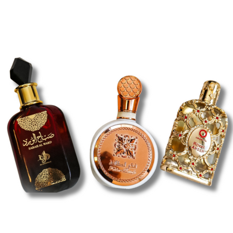 PACK DE 3 PERFUMES: SABAH AL WARD 100 ML, FAKHAR 100 ML, ROYAL AMBER 100 ML