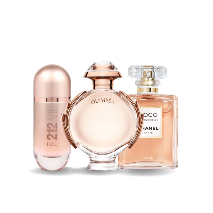PACK DE 3 PERFUMES: 212 VIP ROSÉ, OLYMPÉA, COCONUT MADEMOISELLE 100 ml